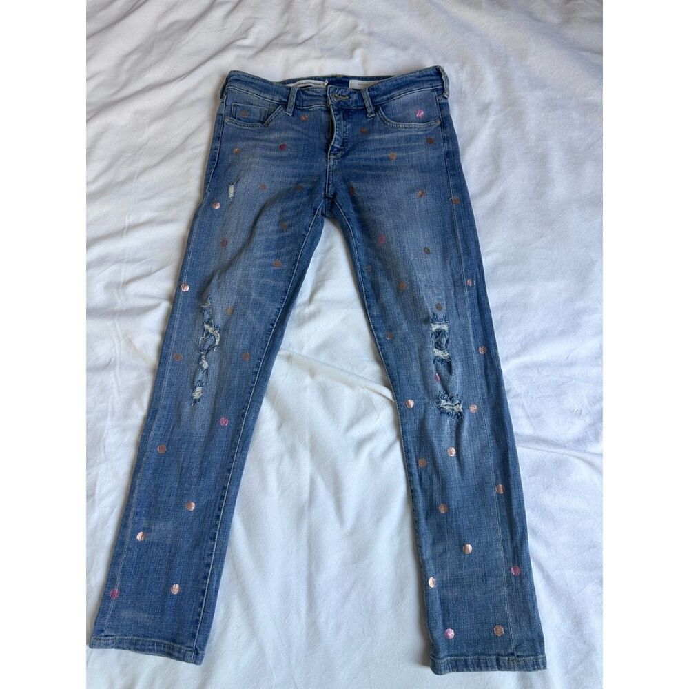 Anthropologie Pilcro Hyphen Distressed Metallic Polka Dot Jeans Size 26